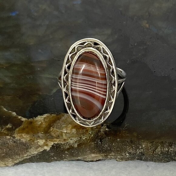 VTG Sterling Silver 925 Oval Bezel Set Banded Agate Double Split Shank Ring Sz 6 - Picture 12 of 16
